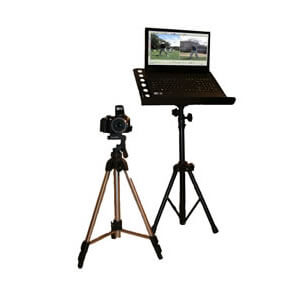 Laptop and camera and tripod